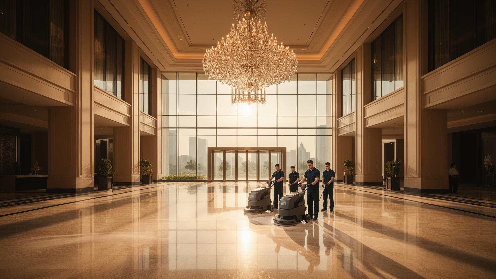 Elite commercial cleaning crew in a luxury corporate lobby